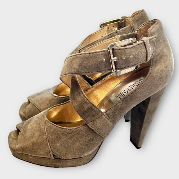 MICHAEL KORS gray suede platform peep toe strappy heels size 8 fall - Picture 1 of 7